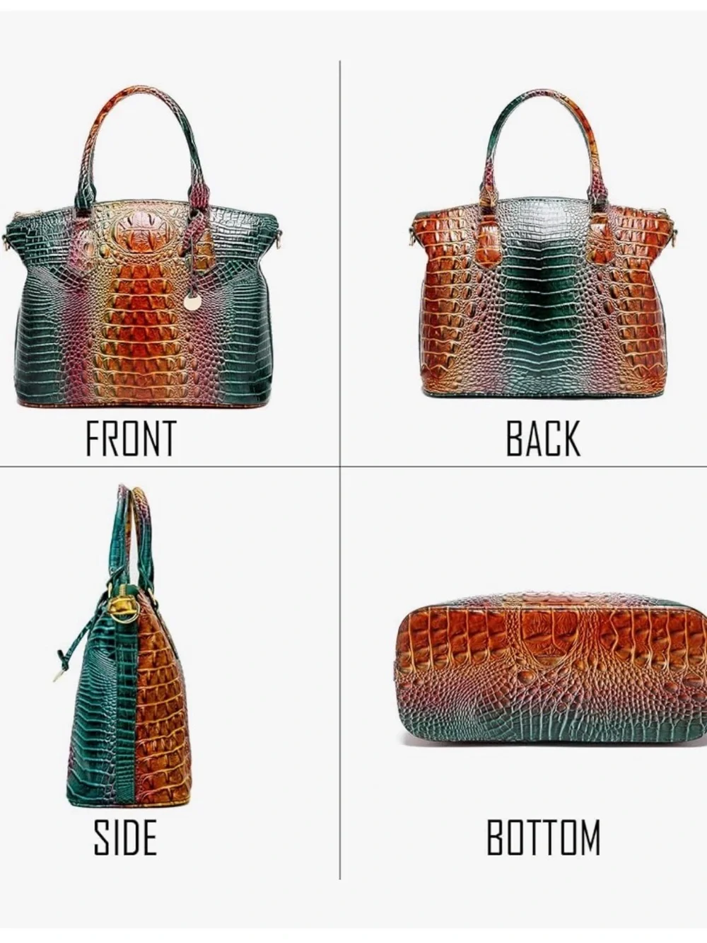 Multicolor Embossed Vegan Leather Croc Tote Bag Blue- Green/Bronze Peacock
